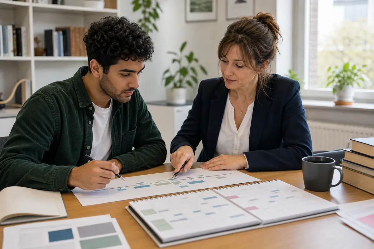 Betreuungsgespräch über Zeitplan und Methodik an einem Tisch mit Unterlagen und Kalender