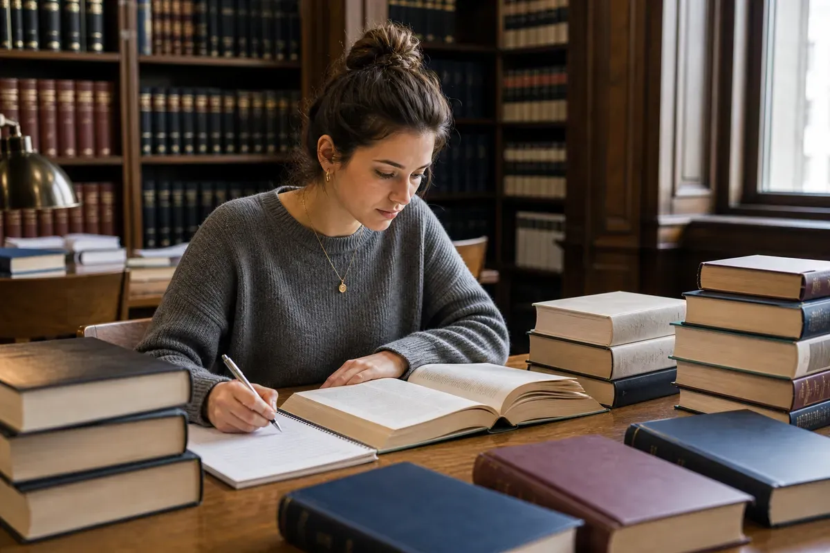 Jurastudentin recherchiert mit Gesetzeskommentaren in der Universitätsbibliothek