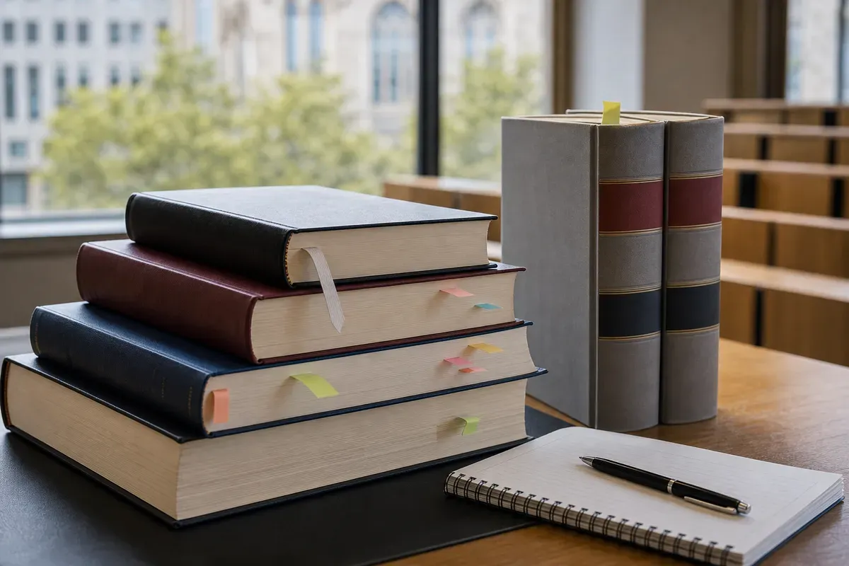 Juristische Fachbücher und Gesetzestexte auf einem Schreibtisch in einer deutschen Hochschule