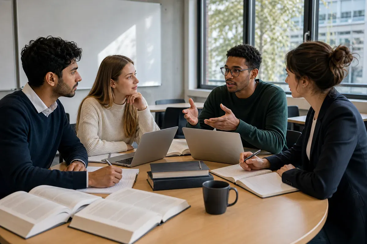 Studierende der Rechtswissenschaften besprechen einen Fall im Seminarraum