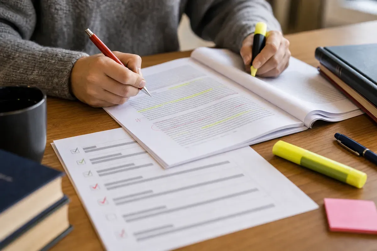 Korrekturlesen einer wissenschaftlichen Arbeit mit Textmarker und Checkliste