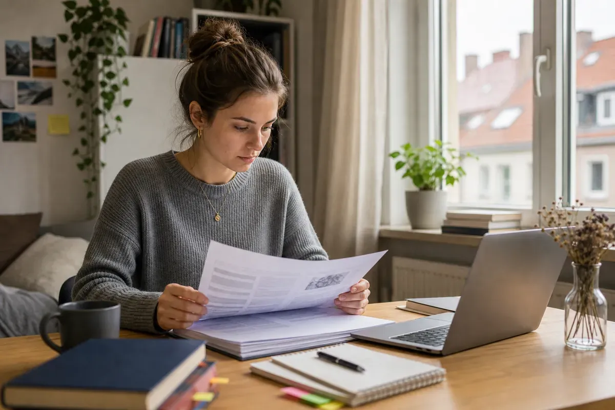 Studentin prüft die finale Fassung ihrer Abschlussarbeit am Schreibtisch
