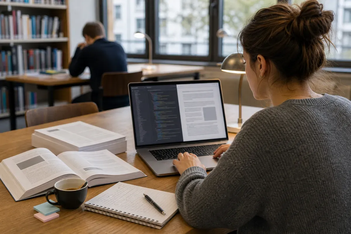 Studentin arbeitet am Laptop mit LaTeX-Editor an ihrer Abschlussarbeit