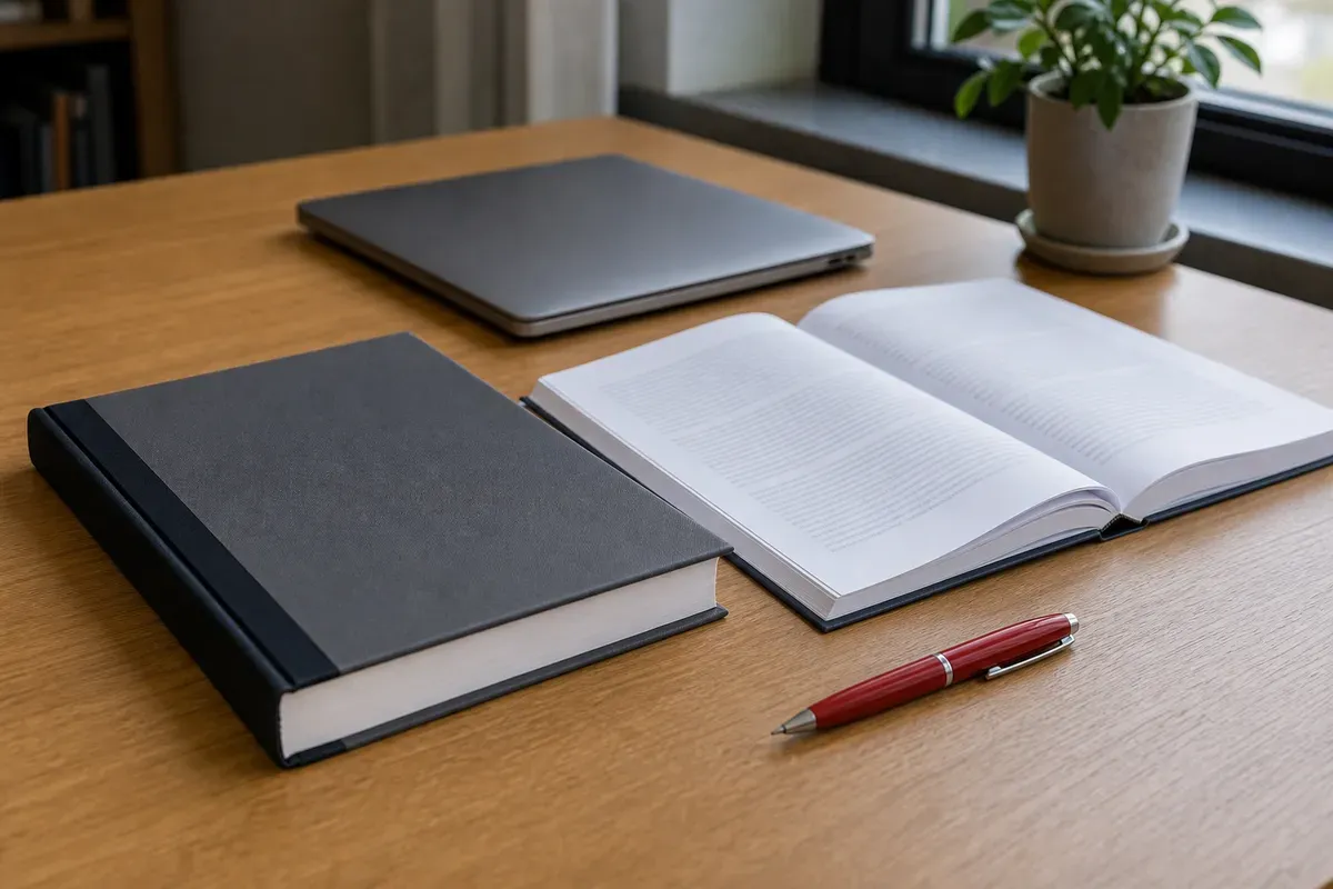 Ausgedruckte Abschlussarbeit mit sauberem Layout neben Laptop und Korrekturstift auf einem Schreibtisch