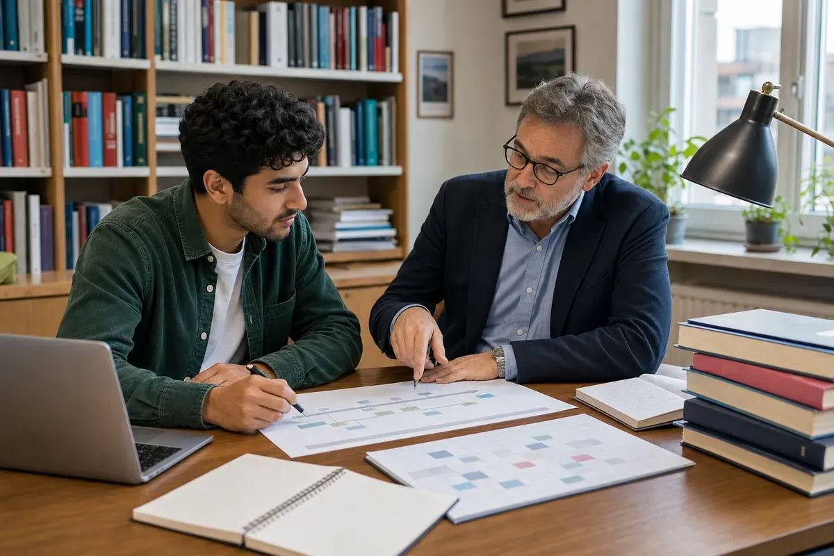 Doktorand bespricht den Zeitplan seiner Dissertation mit seinem Betreuer im Universitätsbüro