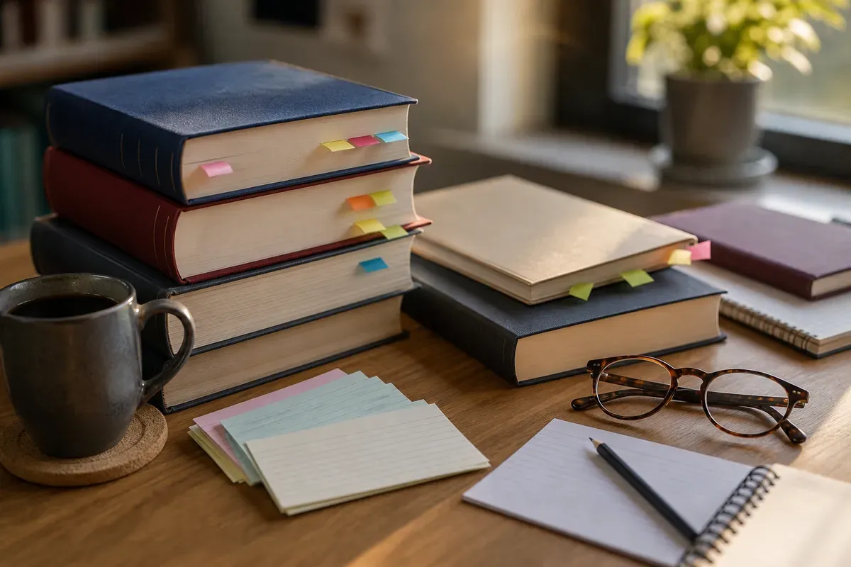 Aufgeschlagene Fachwörterbücher und Notizen zur Terminologieprüfung auf einem Arbeitstisch