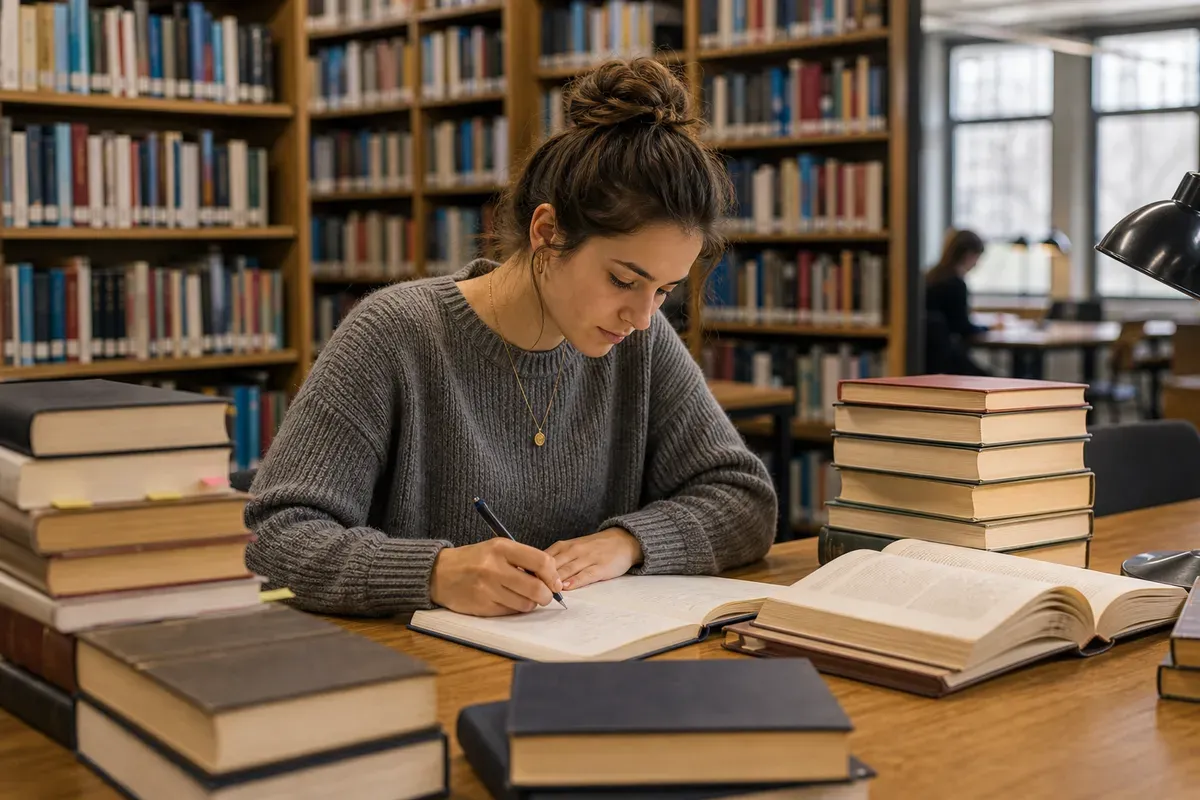 Studentin der Literaturwissenschaft arbeitet mit Primärtexten und Sekundärliteratur in der Universitätsbibliothek