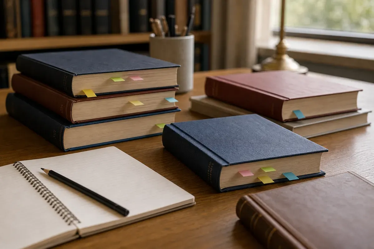 Aufgeschlagene Romane und Notizbücher mit Markierungen für eine literaturwissenschaftliche Analyse