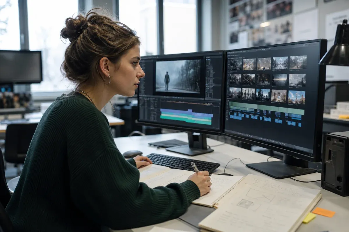 Medienwissenschaftlerin analysiert einzelne Filmsequenzen und Standbilder am Schnittplatz für ihre Abschlussarbeit