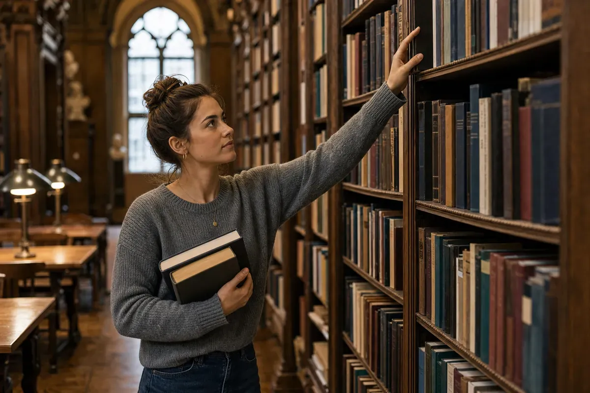 Doktorandin recherchiert in der Universitätsbibliothek für ihre Dissertation
