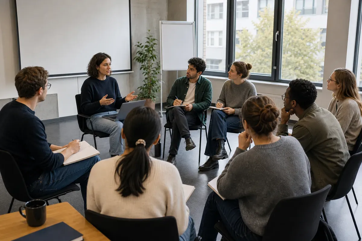 Doktoranden tauschen sich in einem Forschungskolloquium an einer deutschen Universität aus