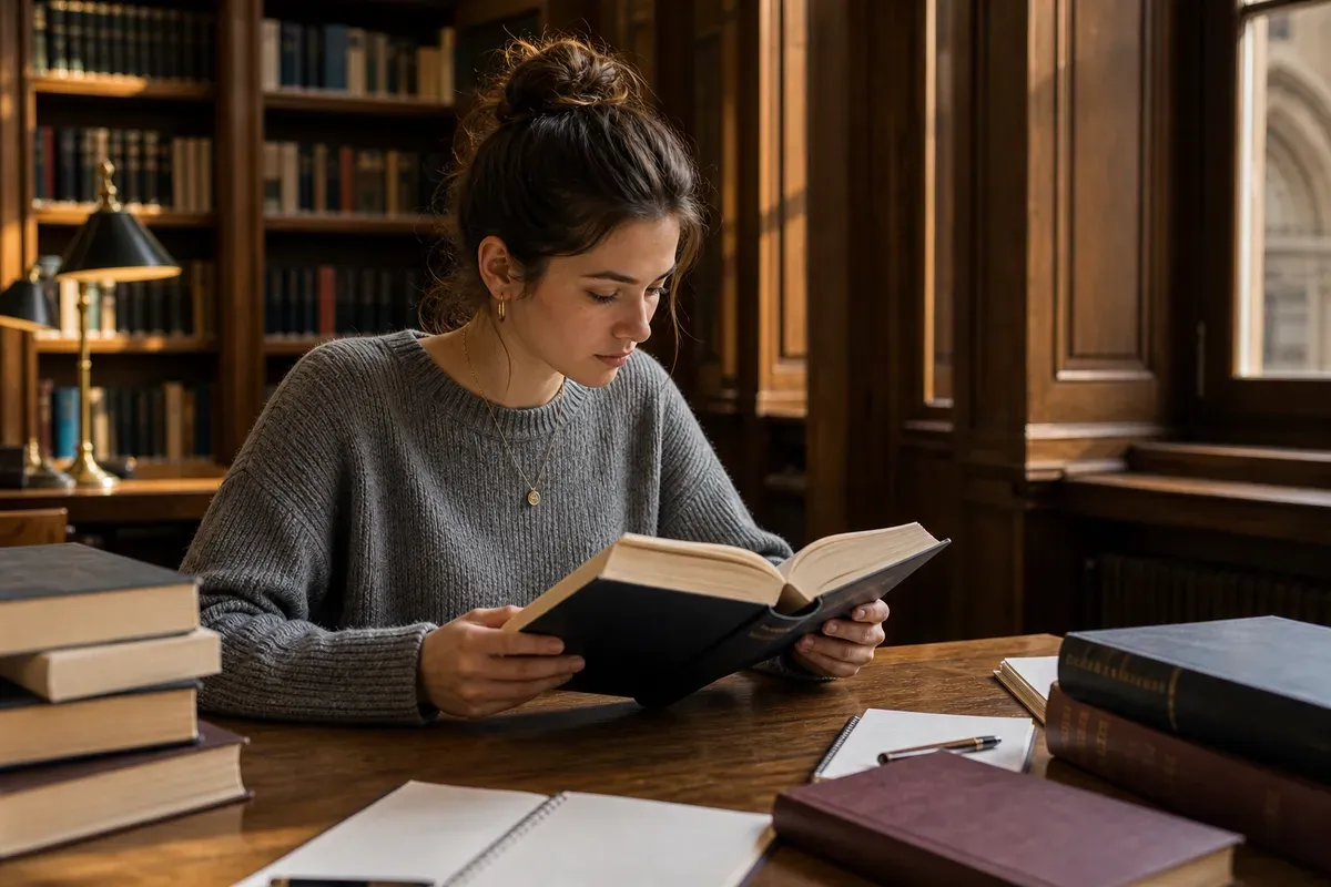 Studentin liest philosophische Fachliteratur in einer alten Universitätsbibliothek