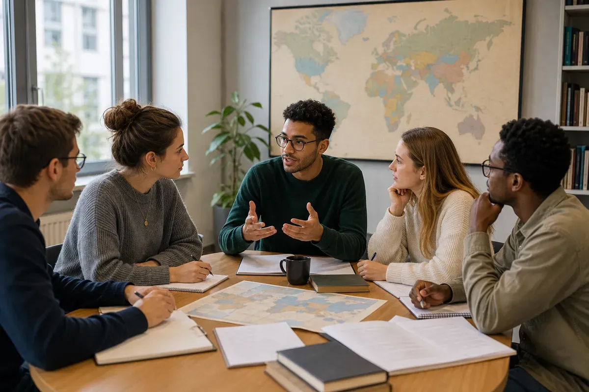 Studierende der Politikwissenschaft diskutieren in einem Seminarraum über aktuelle politische Fragestellungen