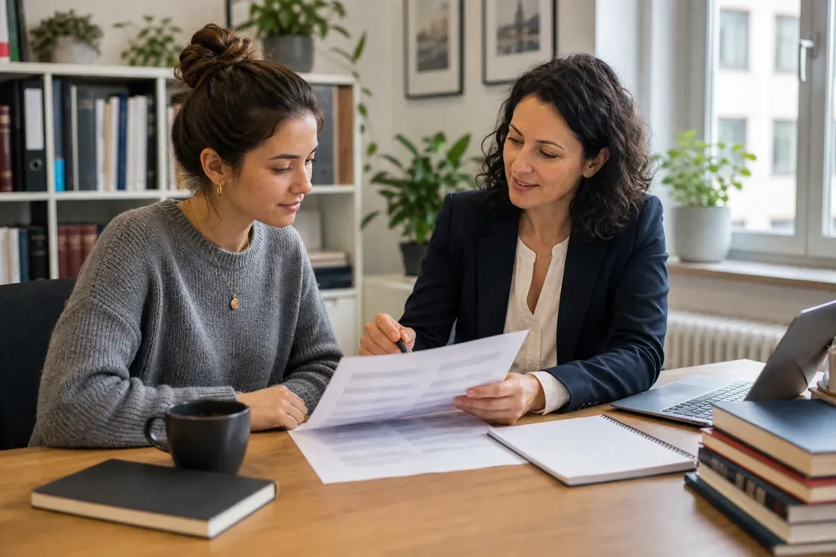 Beratungsgespräch zwischen einer Studentin und einem akademischen Coach zu einer politikwissenschaftlichen Abschlussarbeit