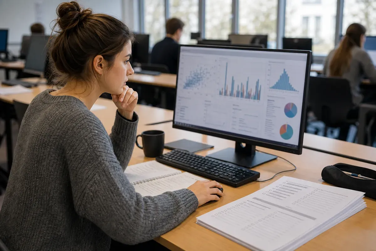 Psychologiestudentin wertet Studiendaten mit Statistiksoftware am Computer im Universitätslabor aus