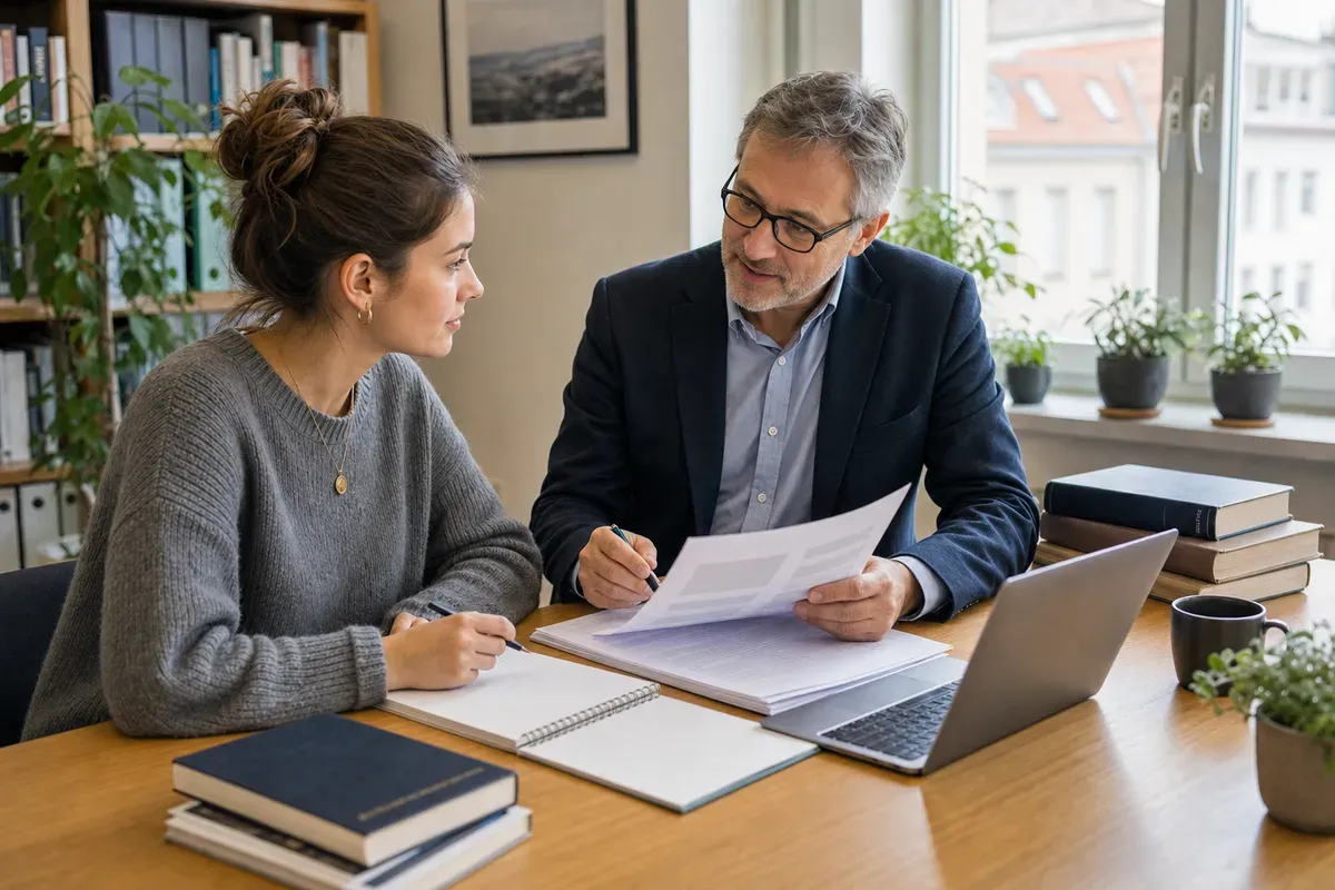 Beratungsgespräch zwischen akademischem Coach und Studentin über eine psychologische Abschlussarbeit