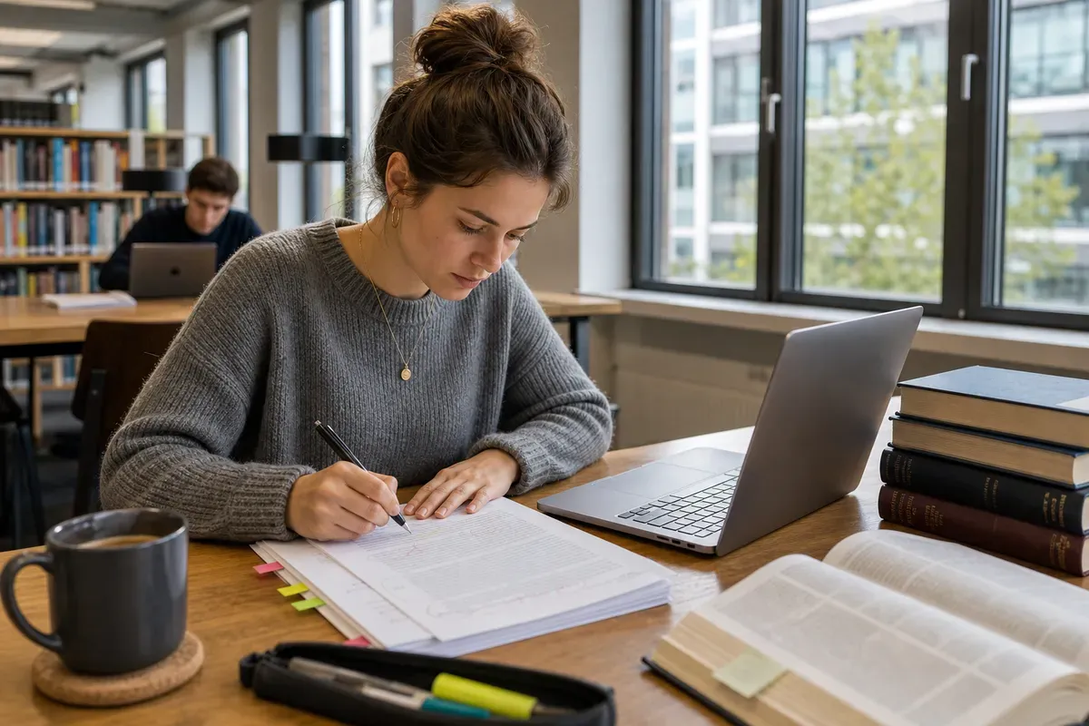 Studentin überarbeitet den Entwurf ihrer Bachelorarbeit am Laptop in der Bibliothek