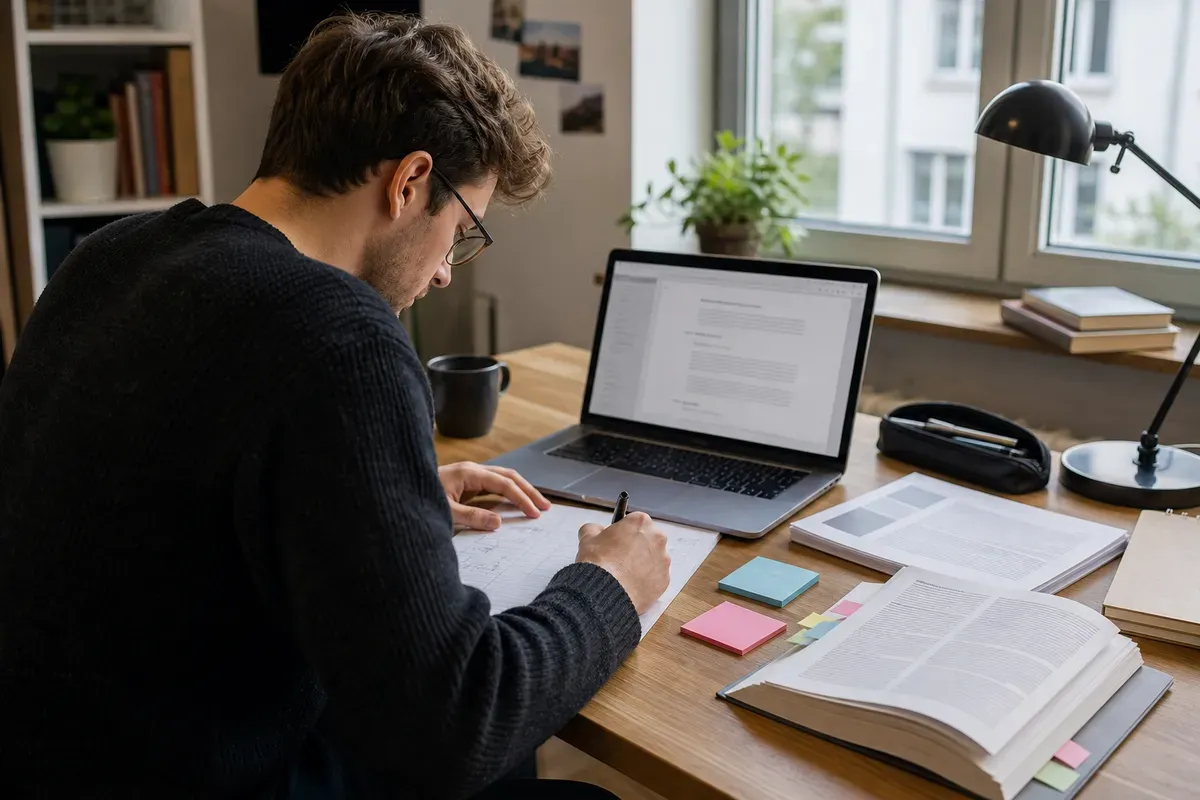 Student arbeitet konzentriert an der Gliederung seiner Diplomarbeit am Schreibtisch
