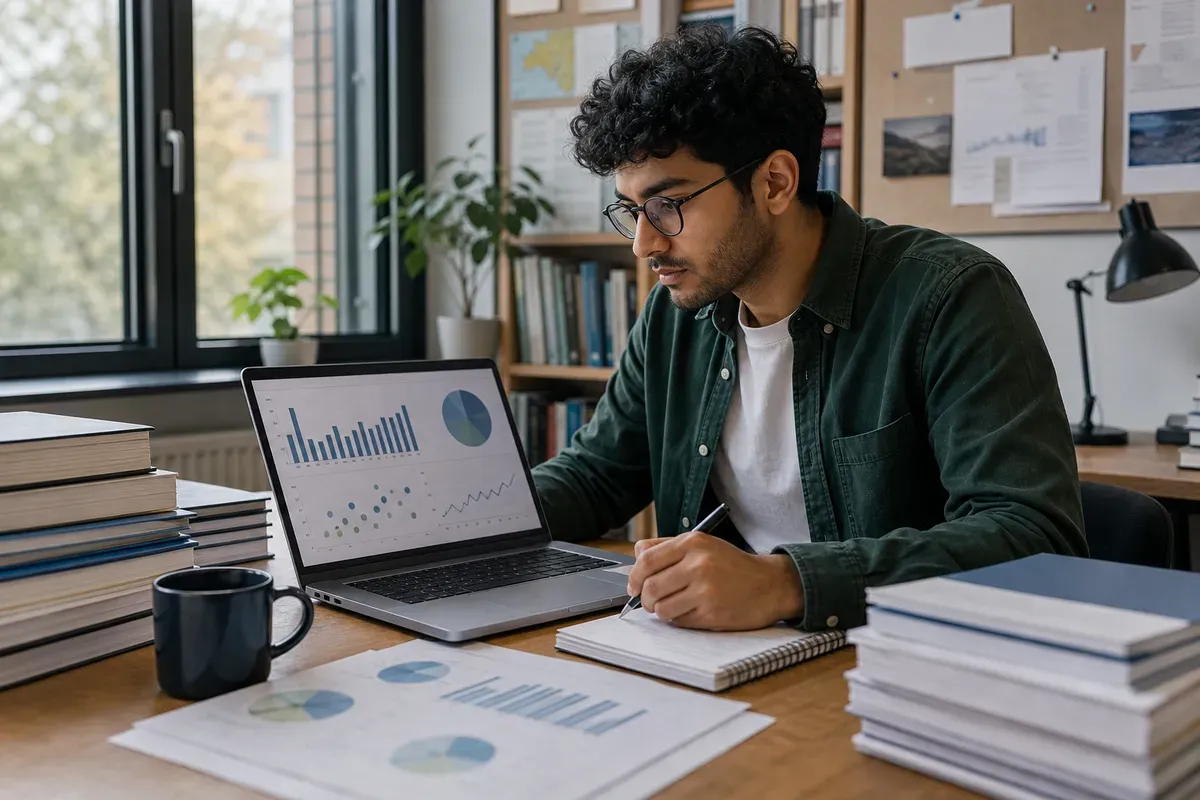 Doktorand wertet Forschungsdaten und Fachliteratur für seine Dissertation am Arbeitsplatz aus