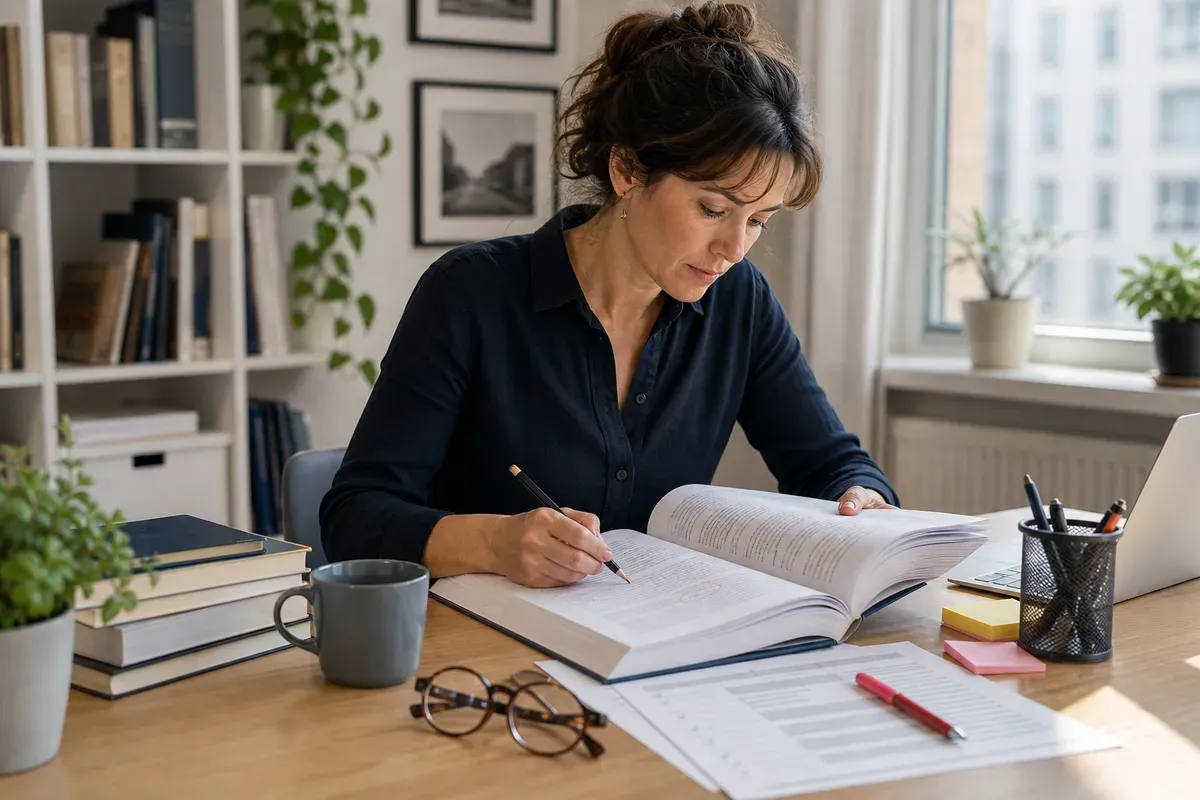 Wissenschaftliche Lektorin liest die ausgedruckte Dissertation mit Anmerkungen sorgfältig gegen