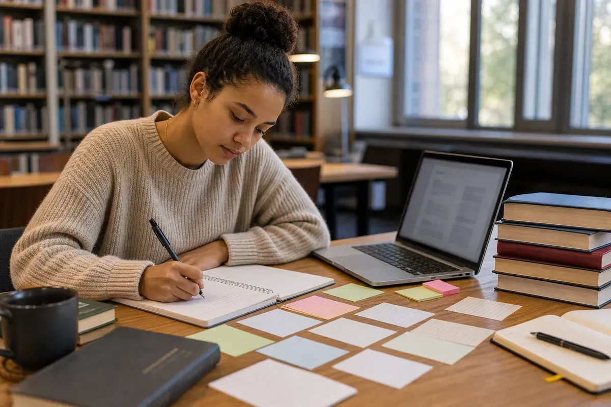 Studentin plant die Gliederung ihrer Hausarbeit mit Notizen und Laptop in der Universitätsbibliothek