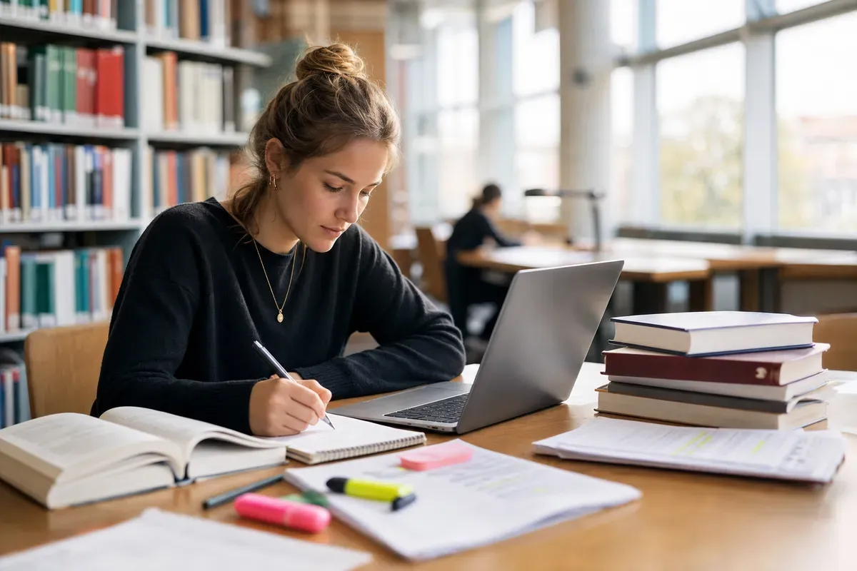 Masterstudentin arbeitet konzentriert an ihrer Abschlussarbeit am Schreibtisch mit Fachliteratur
