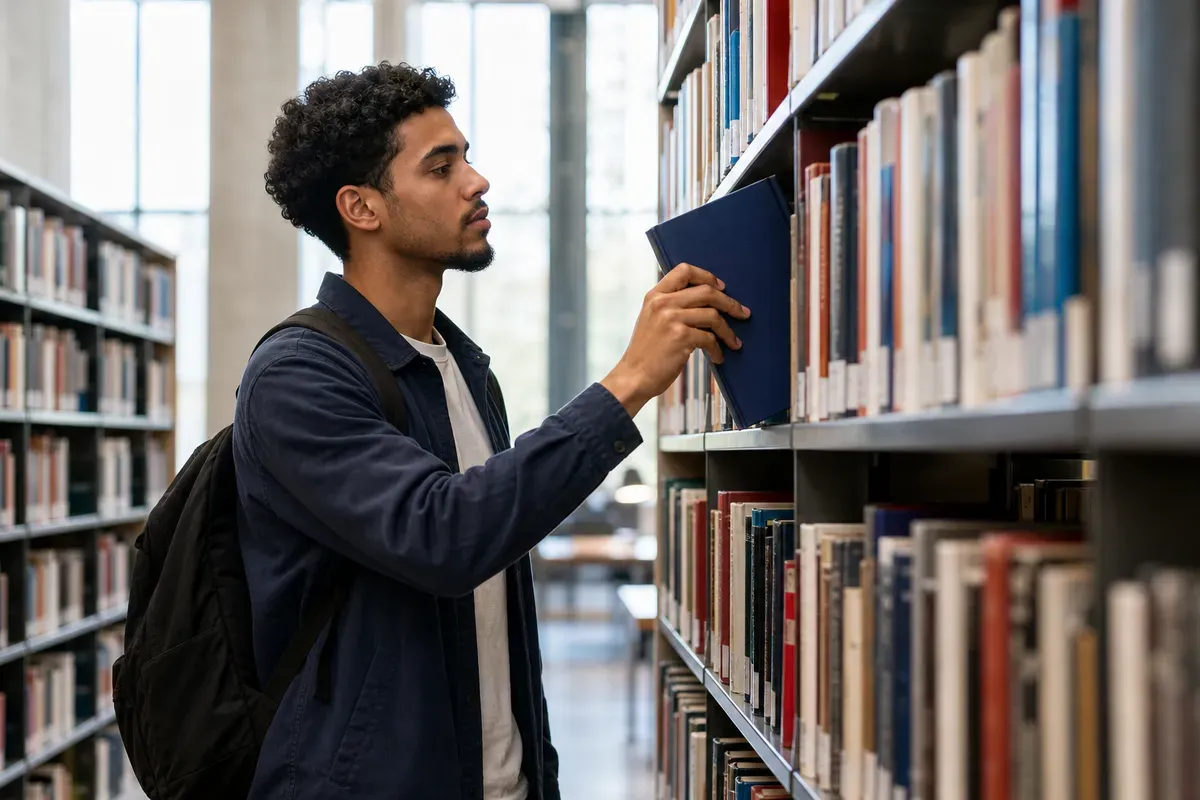 Student recherchiert Fachliteratur in den Regalen einer deutschen Universitätsbibliothek