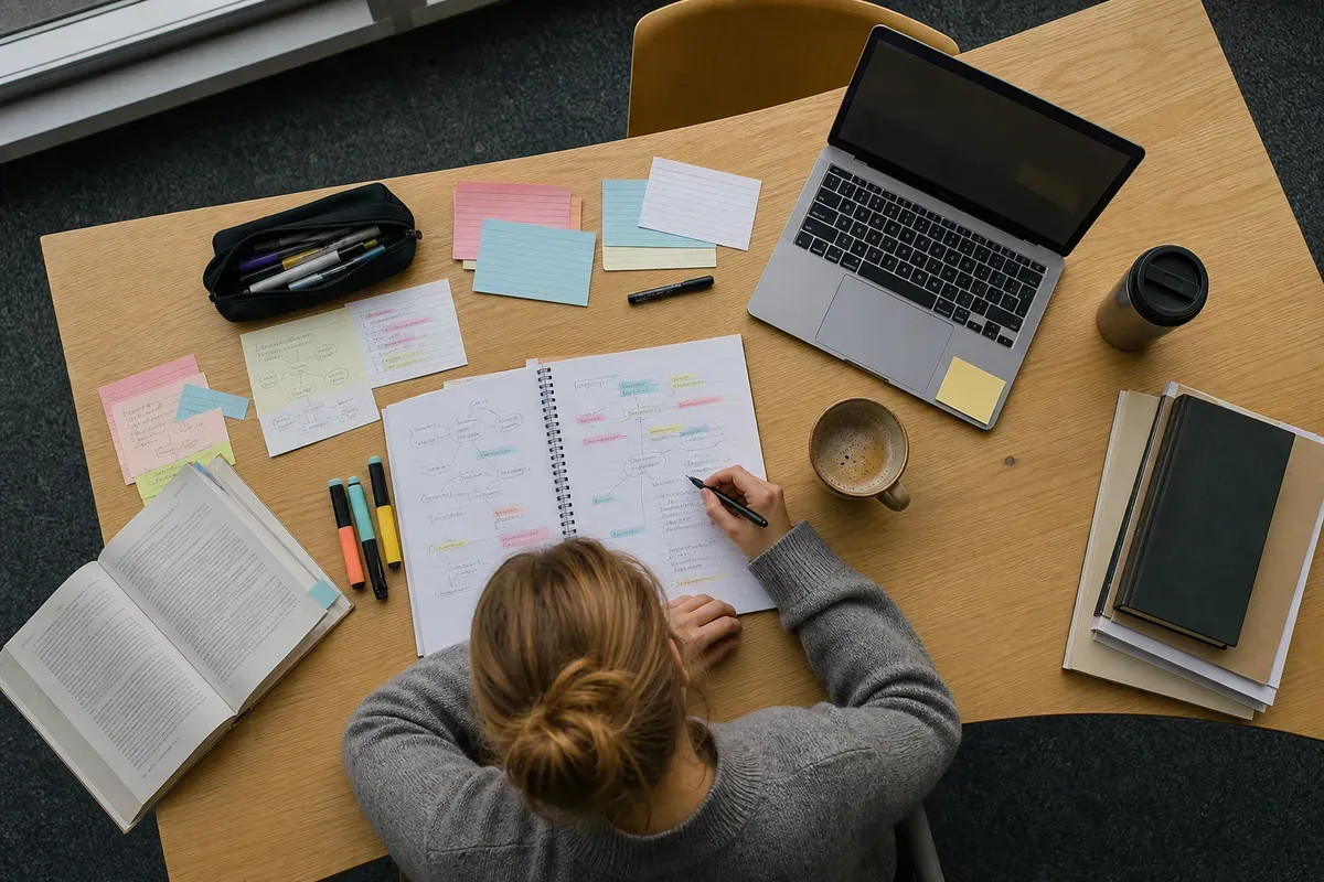 Notizen, Gliederungsentwurf und Laptop auf dem Arbeitstisch eines Masterstudenten
