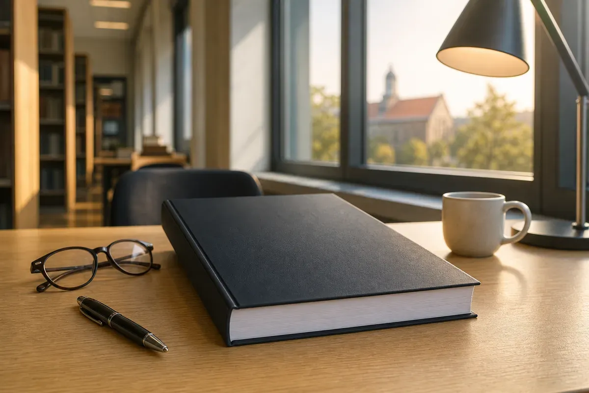 Abgabefertige gebundene Masterarbeit auf einem Schreibtisch an einer deutschen Hochschule