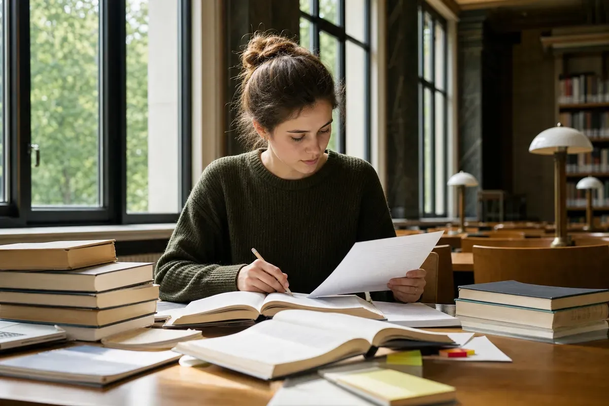 Studentin prüft Zitierregeln und Quellenangaben ihrer Seminararbeit in der Universitätsbibliothek