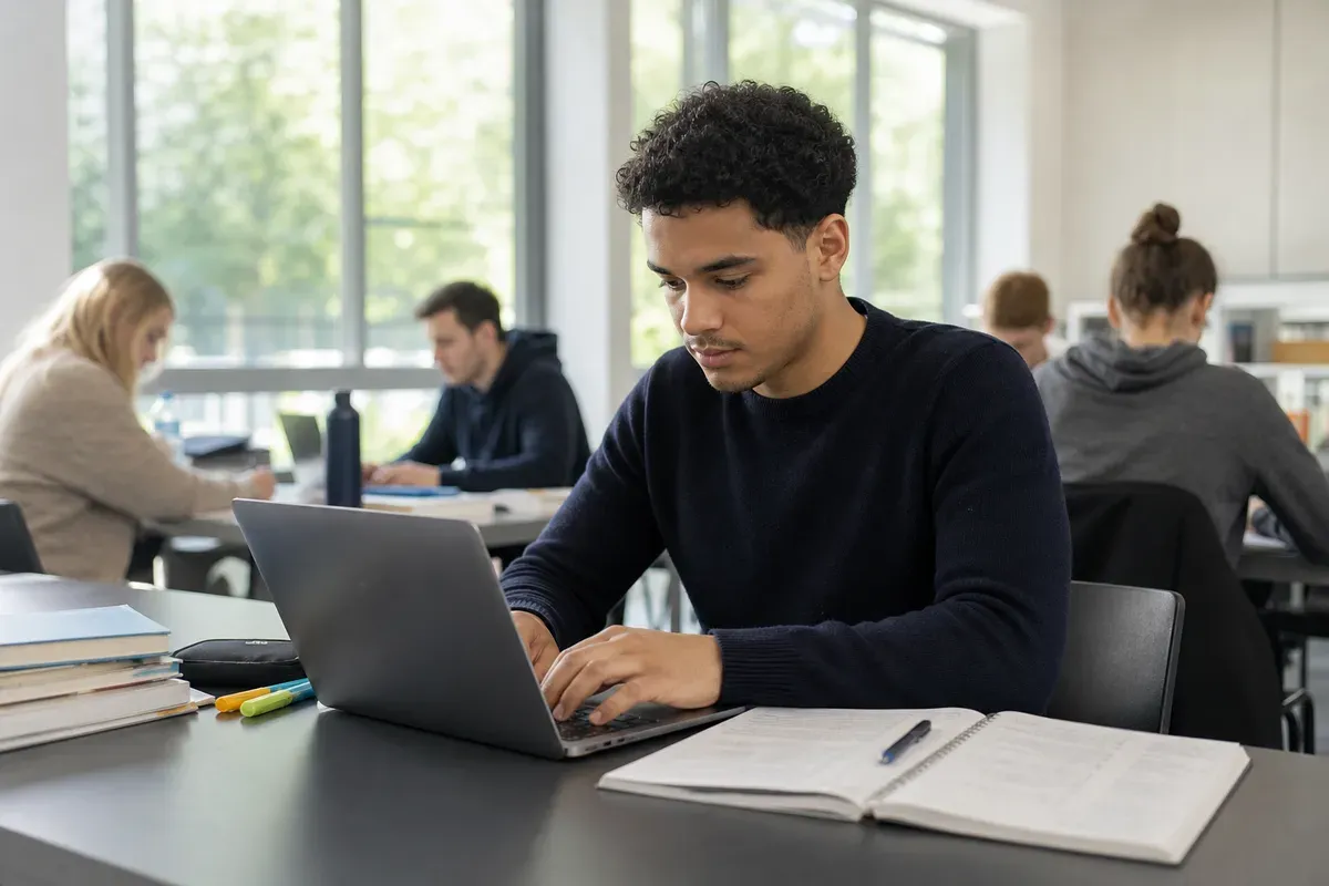 Student schreibt konzentriert den Rohentwurf seiner Seminararbeit am Laptop im Lernraum der Hochschule