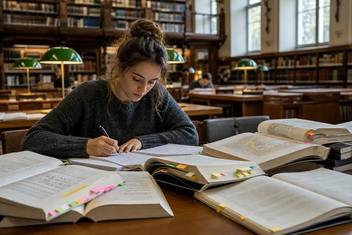 Linguistik-Studentin arbeitet mit mehrsprachigen Fachbüchern und Notizen in der Universitätsbibliothek