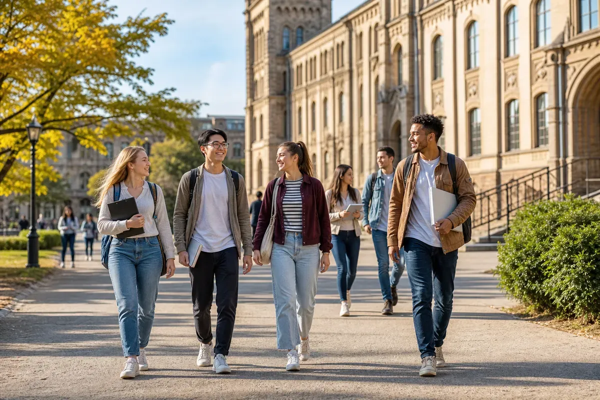 Studierende auf einem internationalen Universitätscampus im Austauschsemester