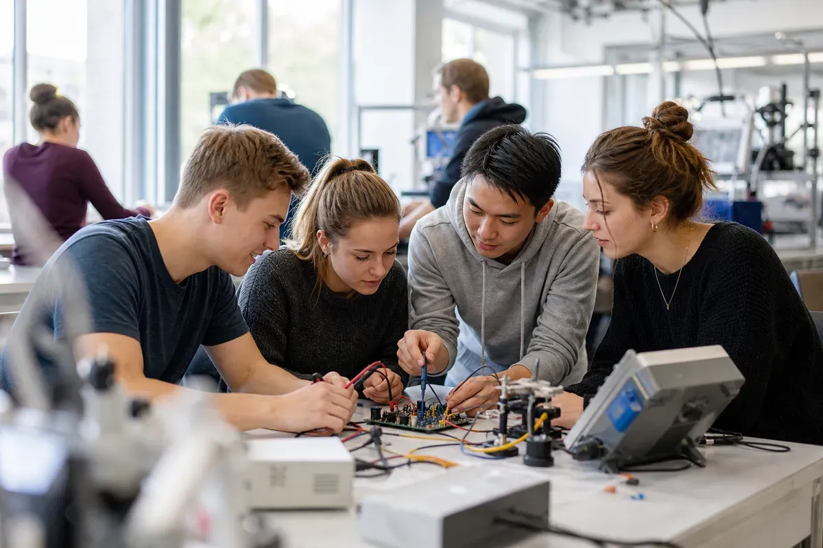 Studierende einer Fachhochschule arbeiten gemeinsam an einem Praxisprojekt im Labor