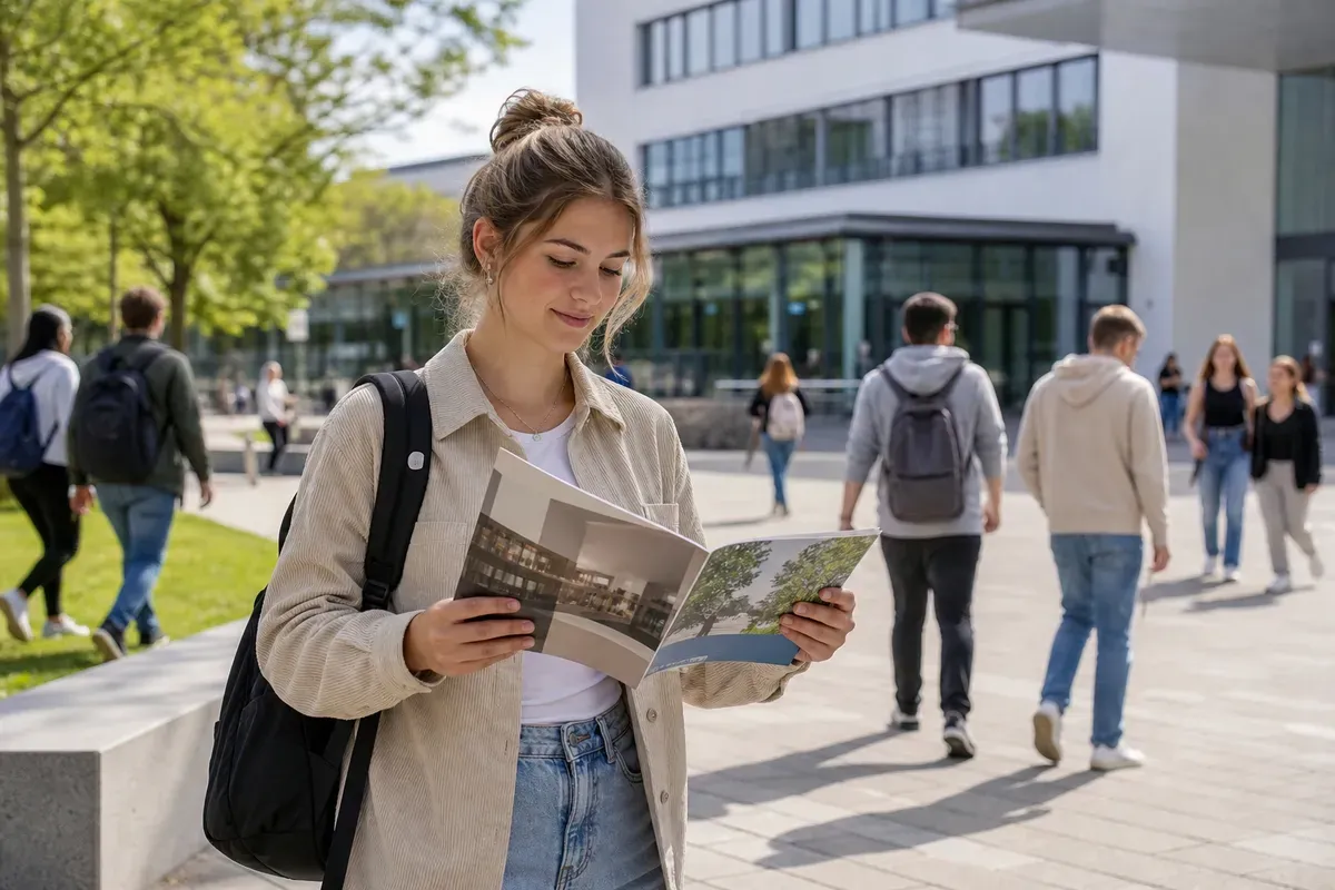 Studentin mit Fachhochschulreife informiert sich am Campus über Studiengänge