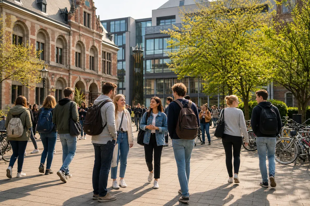 Studierende unterhalten sich auf dem belebten Campus einer deutschen Universität zwischen den Vorlesungen