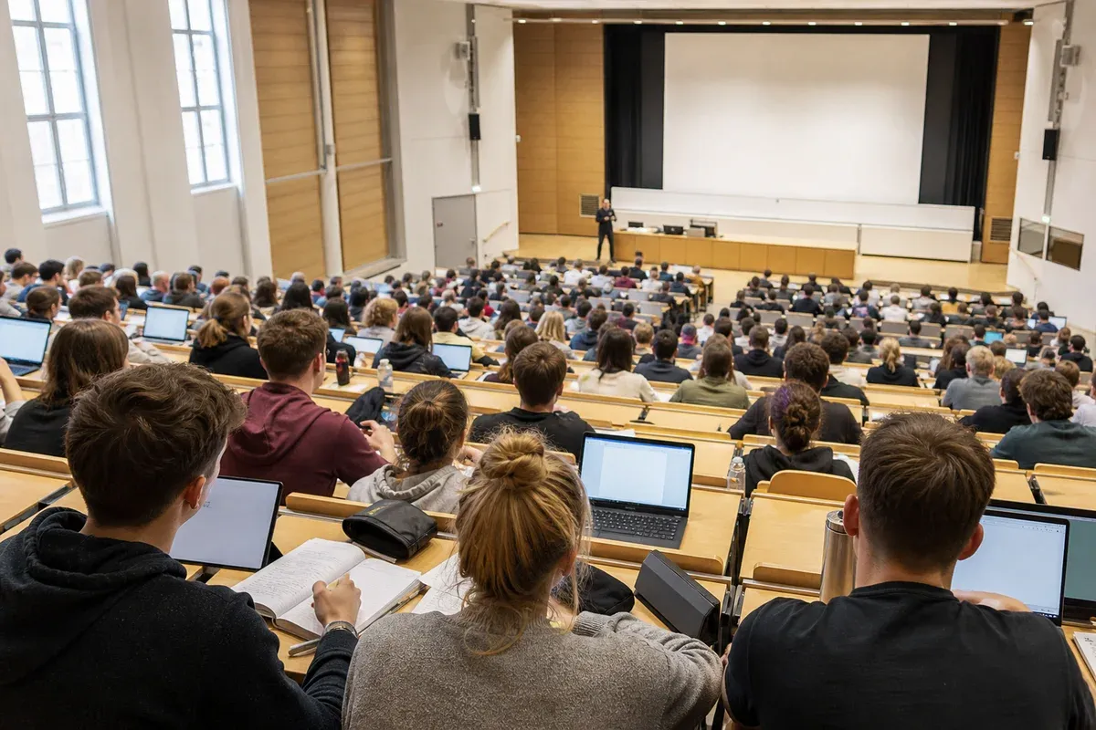 Studierende folgen einer Vorlesung im voll besetzten Hörsaal einer deutschen Universität