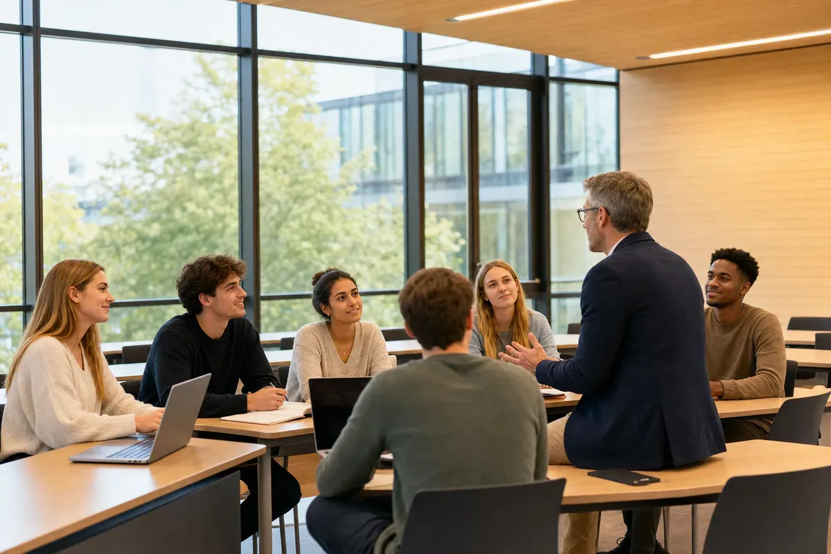 Kleine Seminargruppe im modernen Hörsaal einer privaten Hochschule bei einer Diskussion