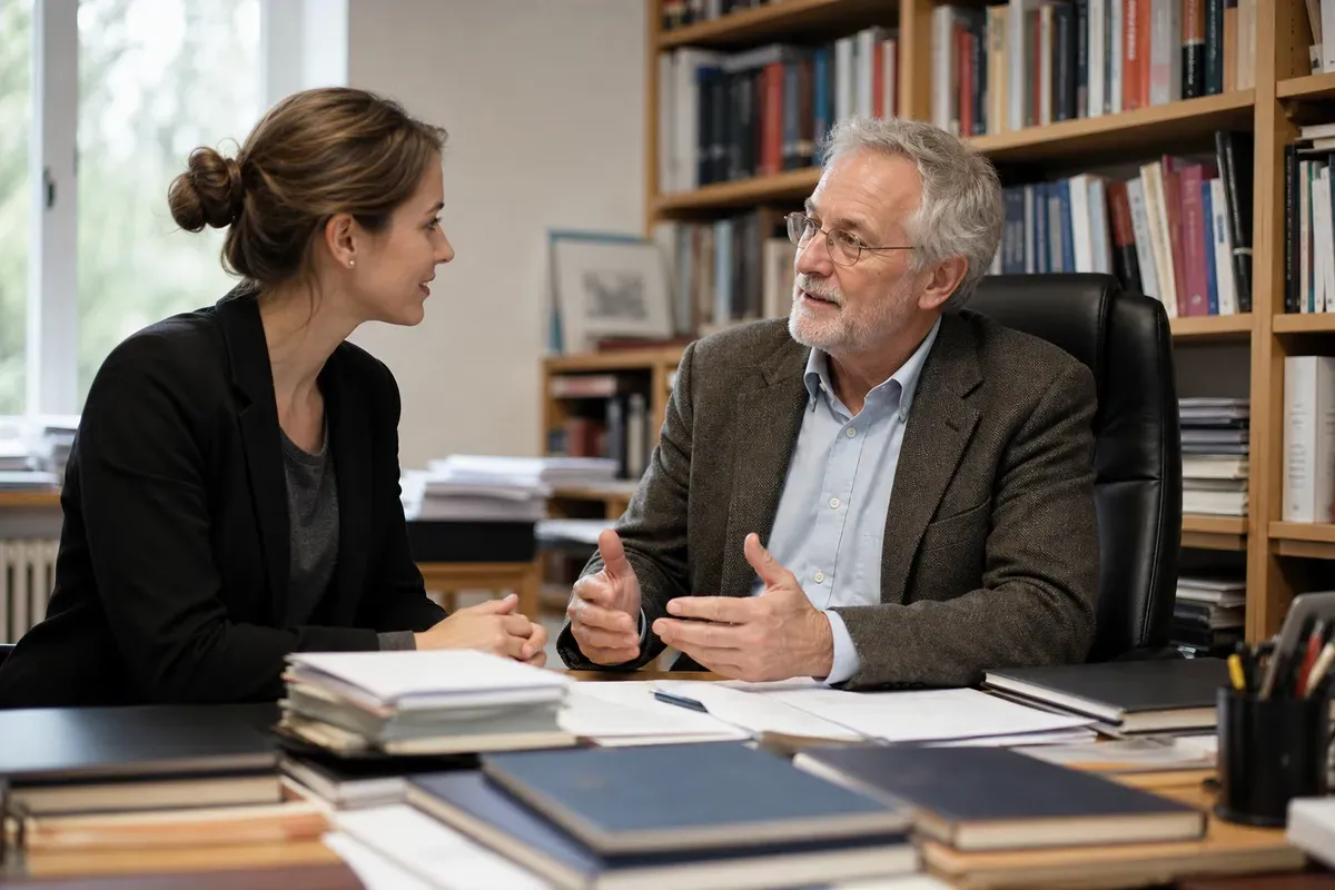 Doktorandin im Gespräch mit einem Professor über eine Promotionsstelle im Universitätsbüro