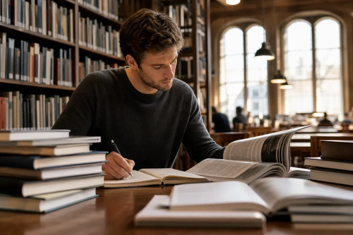 Doktorand recherchiert Fachliteratur zur Themenfindung in der Universitätsbibliothek