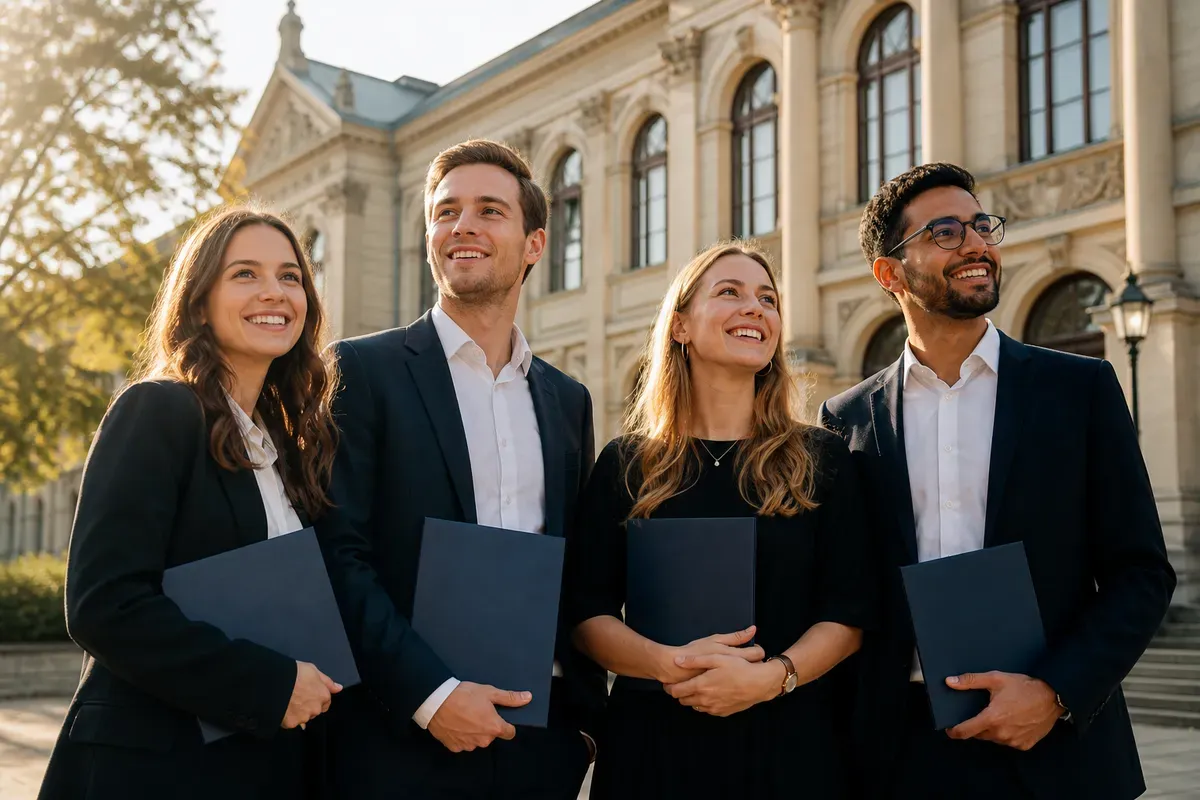 Absolventen mit Abschlusszeugnissen vor dem Universitätsgebäude