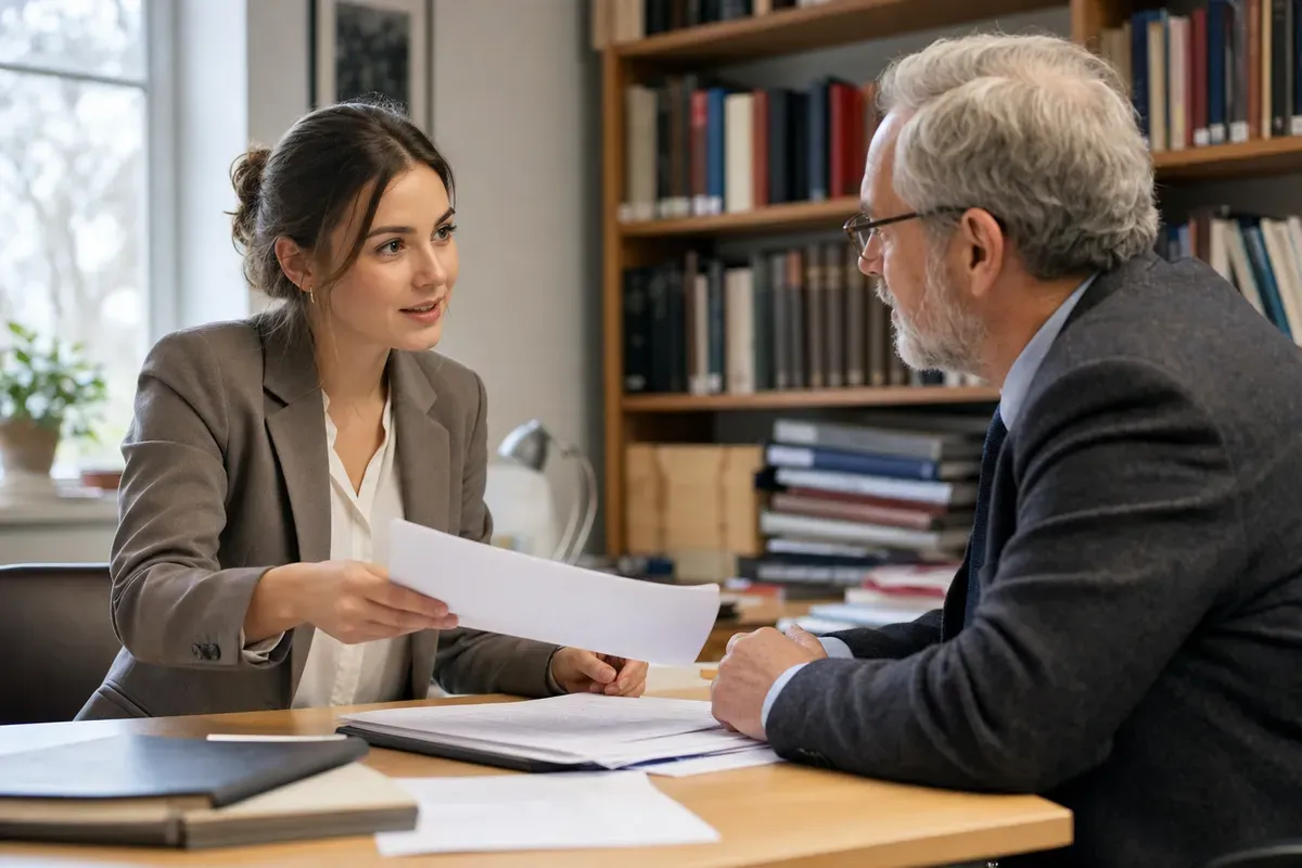 Doktorandin stellt ihrem potenziellen Doktorvater das Exposé ihres Promotionsvorhabens vor