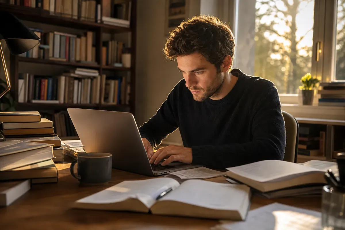 Doktorand arbeitet konzentriert an seiner Dissertation in einem Arbeitszimmer mit Fachliteratur