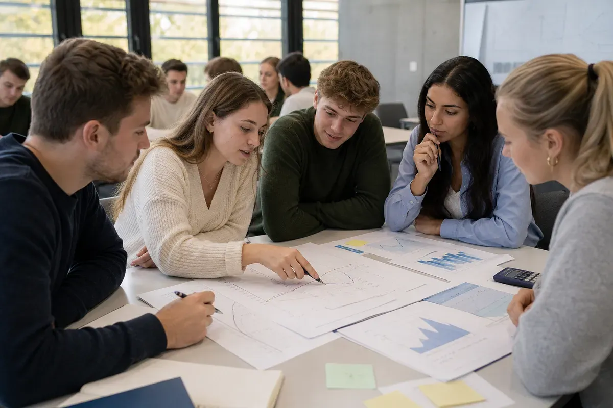 Studierende analysieren volkswirtschaftliche Diagramme und Modelle in einem Seminarraum der Universität