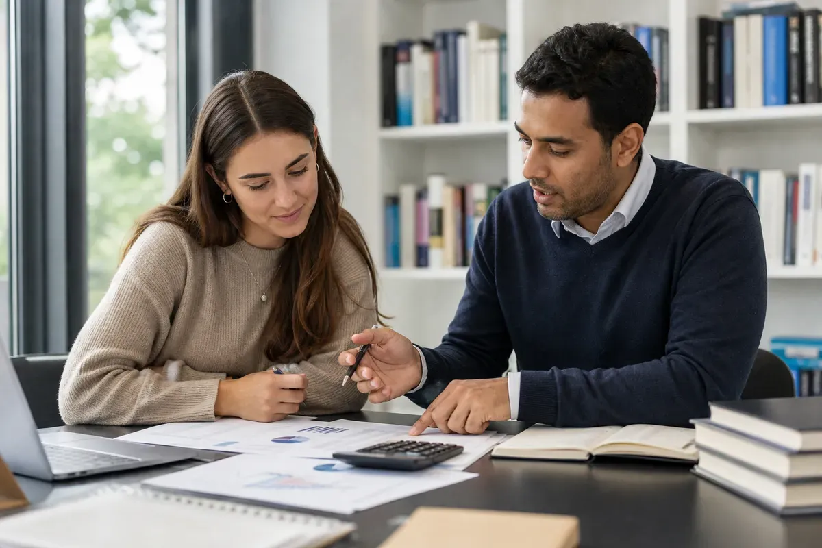 Akademischer Berater erklärt einer Studentin volkswirtschaftliche Zusammenhänge an einem Arbeitstisch mit Unterlagen