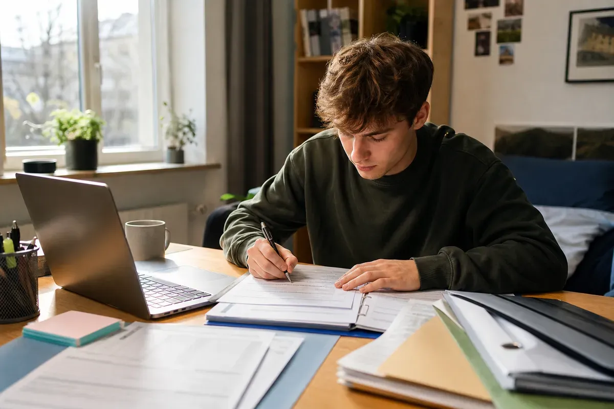 Studentin füllt BAföG-Antragsformulare am Schreibtisch mit Laptop und Unterlagen aus