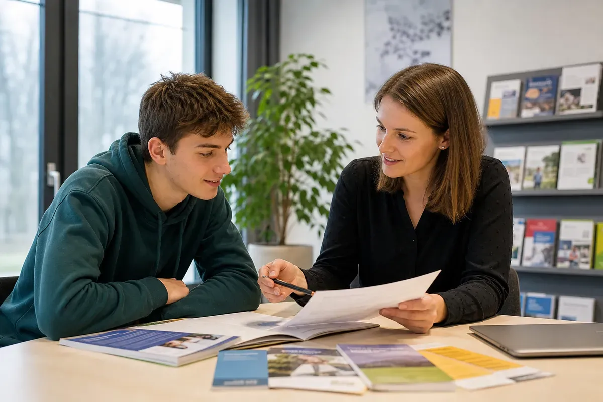 Beratungsgespräch zur Studienfinanzierung zwischen Beraterin und Studienanfänger im Büro