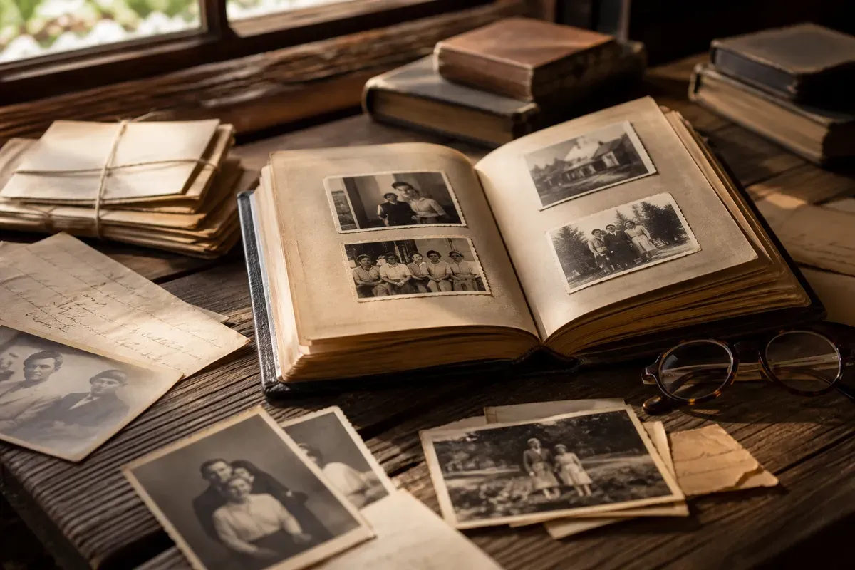 Aufgeschlagene alte Fotoalben, Briefe und Dokumente als Quellen für eine Biografie auf einem Holztisch