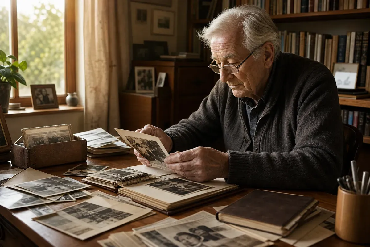 Ältere Person sichtet alte Fotografien und Briefe als Material für ihre Autobiografie am Schreibtisch