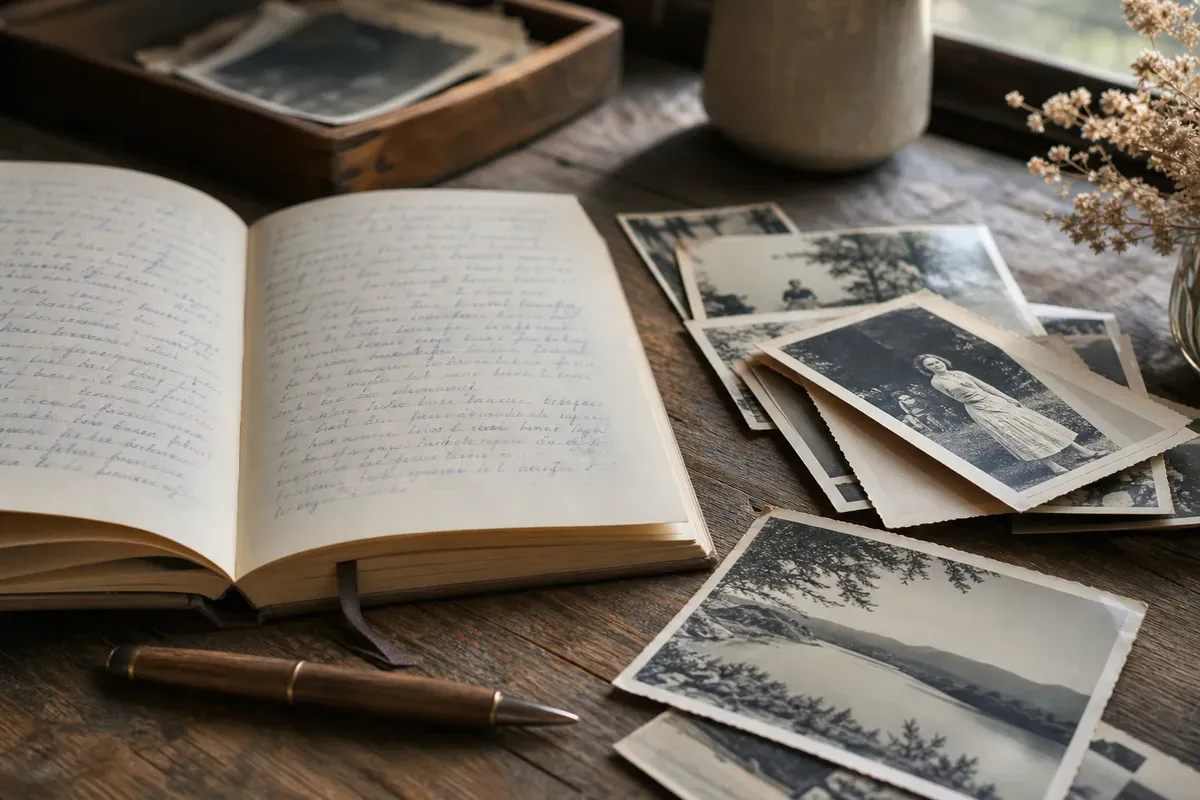 Aufgeschlagenes Notizbuch mit handschriftlichen Erinnerungen neben alten Fotos auf einem Holztisch